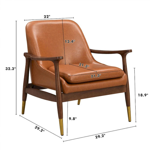 Fauteuil d'appoint en similicuir marron Cognac, structure en bois massif, pieds en laiton