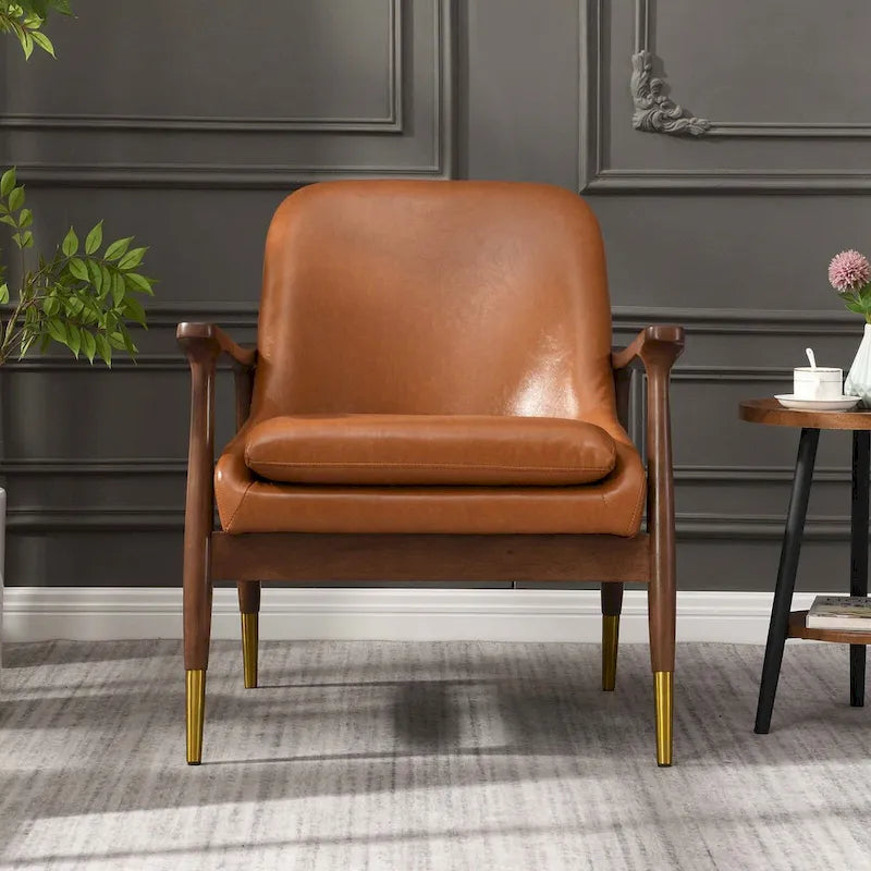 Fauteuil d'appoint en similicuir marron Cognac, structure en bois massif, pieds en laiton