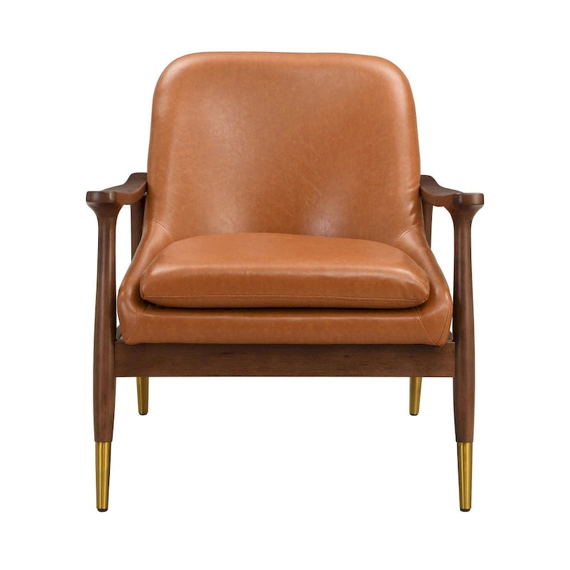 Fauteuil d'appoint en similicuir marron Cognac, structure en bois massif, pieds en laiton