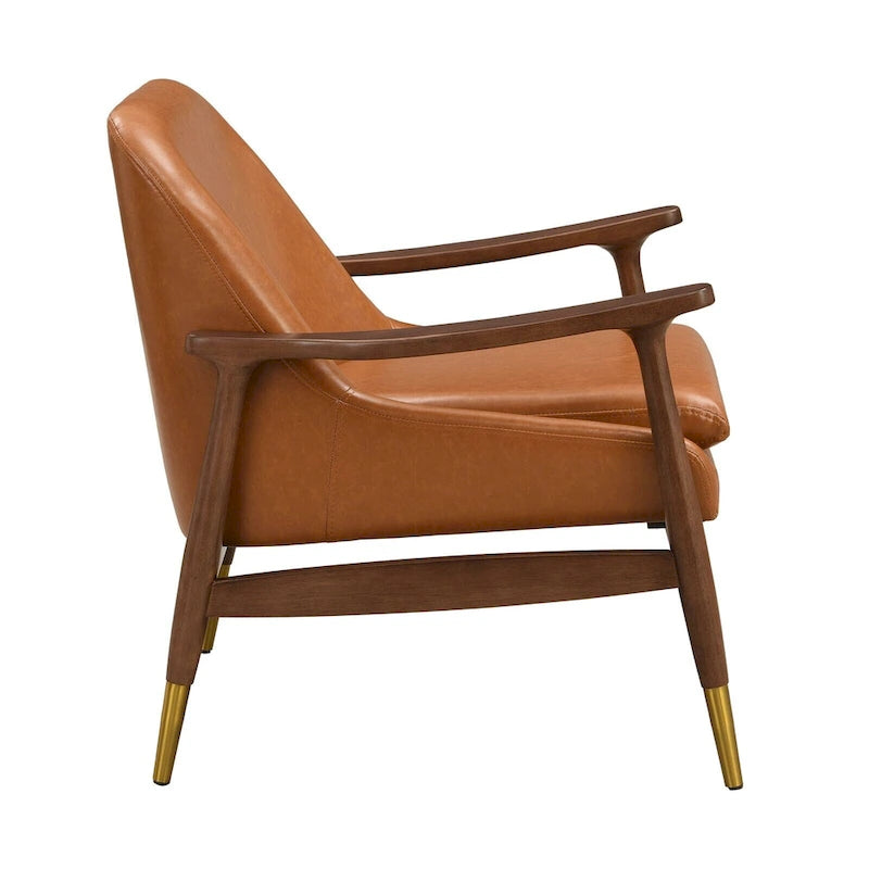 Fauteuil d'appoint en similicuir marron Cognac, structure en bois massif, pieds en laiton