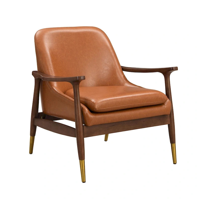 Fauteuil d'appoint en similicuir marron Cognac, structure en bois massif, pieds en laiton