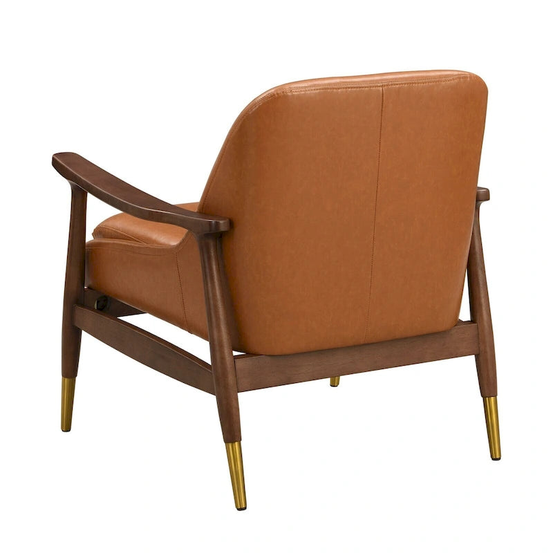 Fauteuil d'appoint en similicuir marron Cognac, structure en bois massif, pieds en laiton