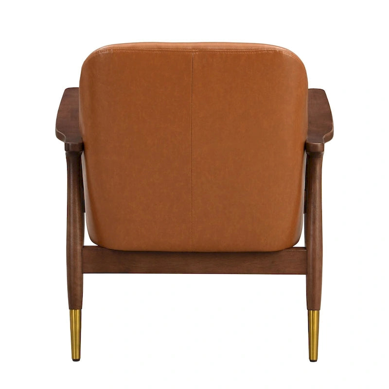 Fauteuil d'appoint en similicuir marron Cognac, structure en bois massif, pieds en laiton