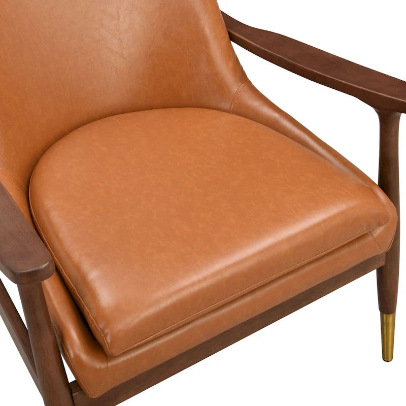Fauteuil d'appoint en similicuir marron Cognac, structure en bois massif, pieds en laiton