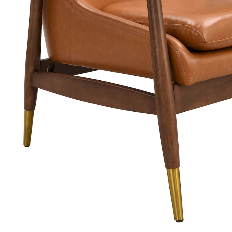 Fauteuil d'appoint en similicuir marron Cognac, structure en bois massif, pieds en laiton