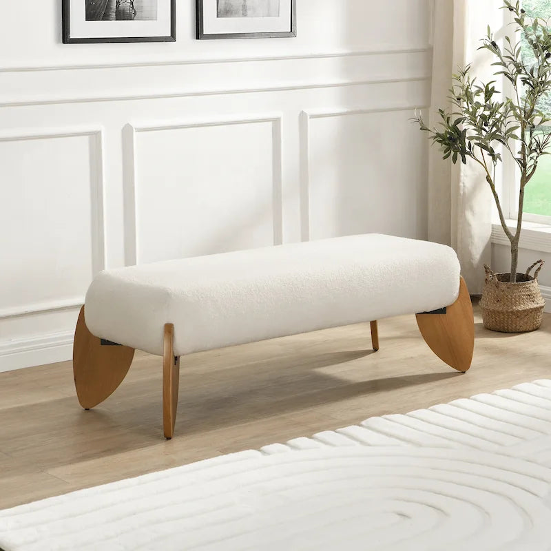 Banc ottoman rembourré en bouclette blanche avec pieds ovales en bois naturel