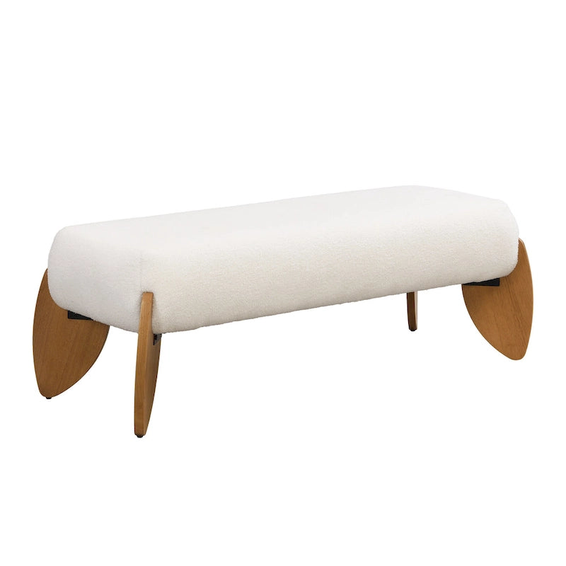 Banc ottoman rembourré en bouclette blanche avec pieds ovales en bois naturel