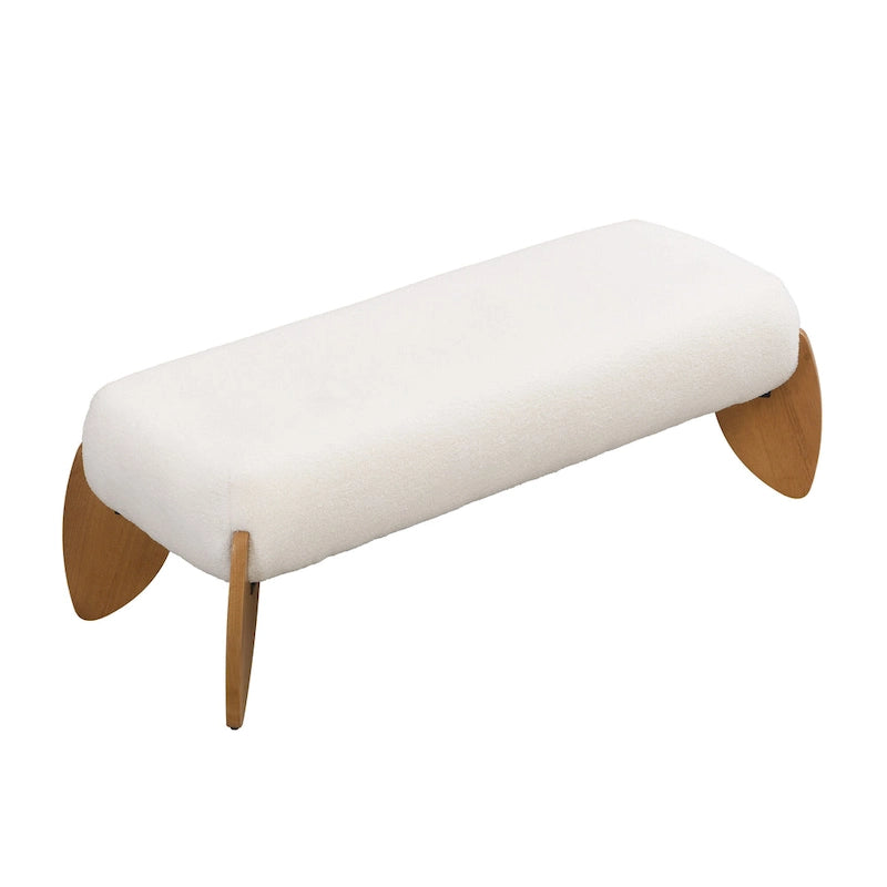 Banc ottoman rembourré en bouclette blanche avec pieds ovales en bois naturel