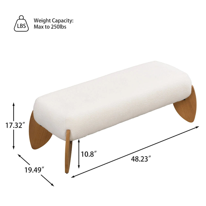 Banc ottoman rembourré en bouclette blanche avec pieds ovales en bois naturel