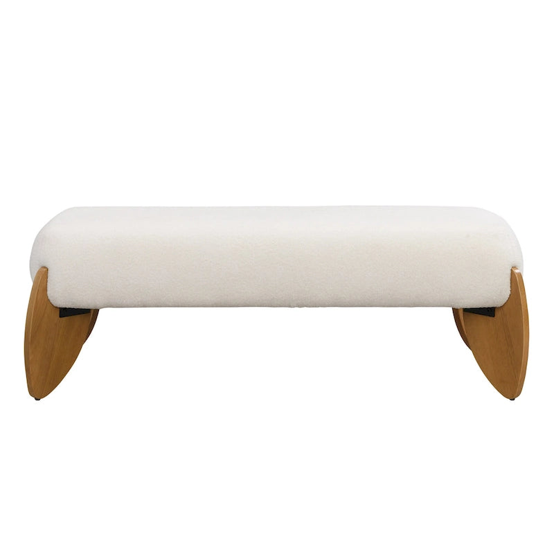 Banc ottoman rembourré en bouclette blanche avec pieds ovales en bois naturel