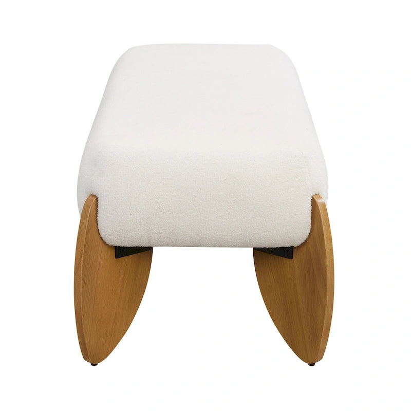 Banc ottoman rembourré en bouclette blanche avec pieds ovales en bois naturel