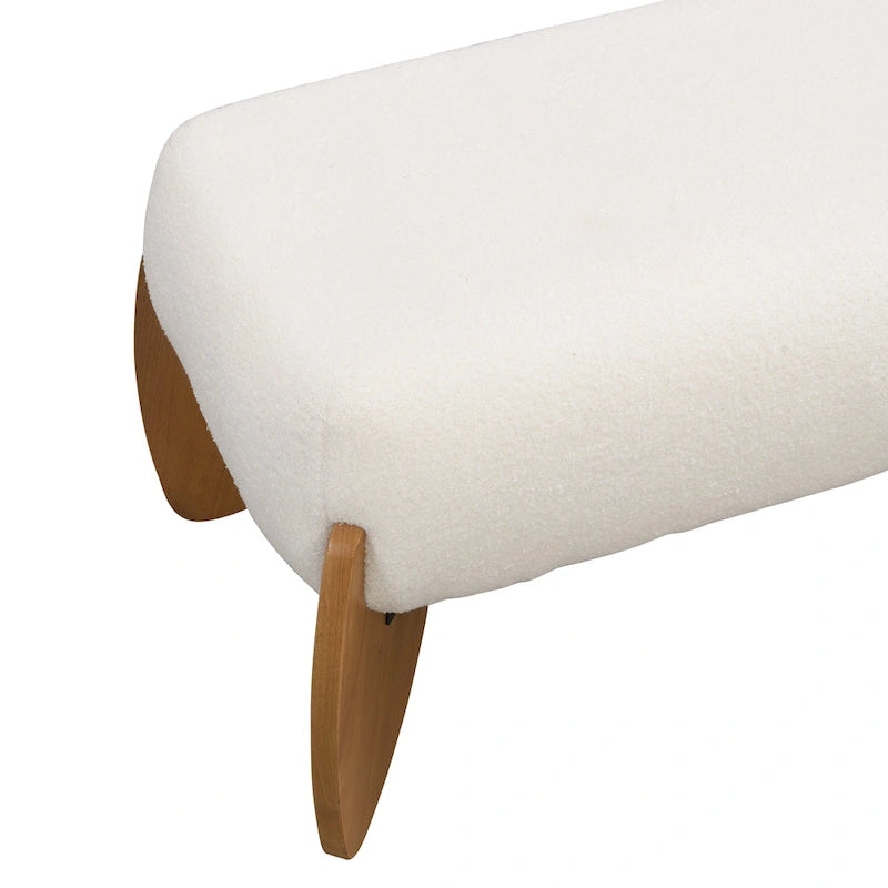Banc ottoman rembourré en bouclette blanche avec pieds ovales en bois naturel