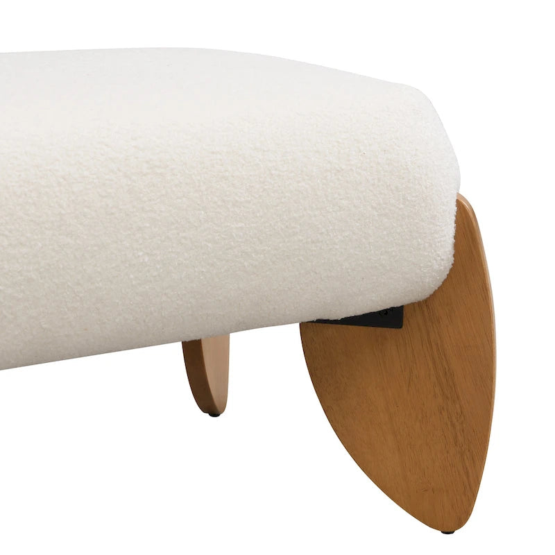 Banc ottoman rembourré en bouclette blanche avec pieds ovales en bois naturel