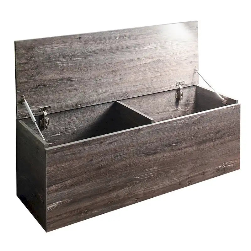 Banc de rangement coffre gris style rustique avec charnières de sécurité et couvercle relevable