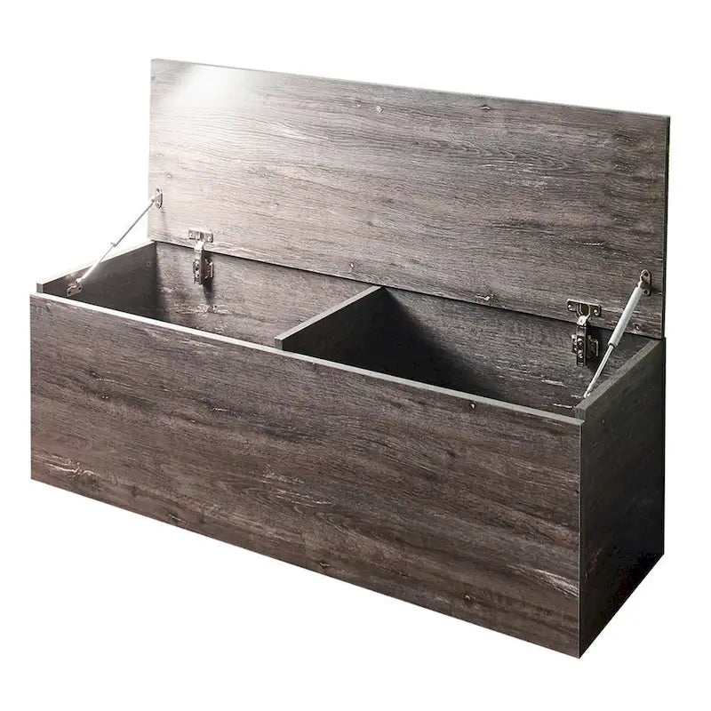 Banc de rangement coffre gris style rustique avec charnières de sécurité et couvercle relevable