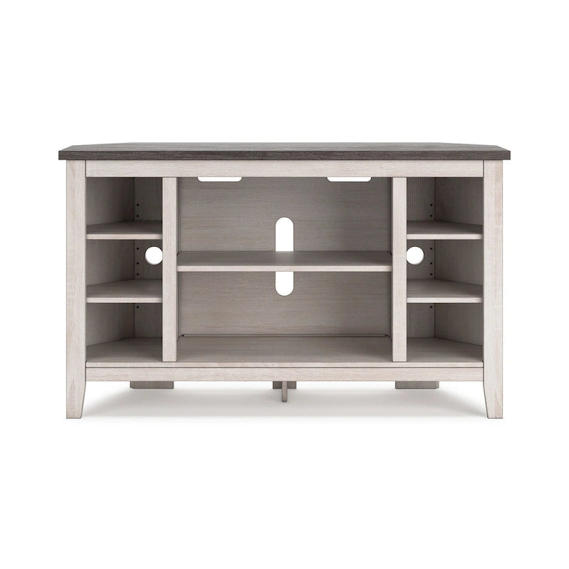 Meuble TV d'angle avec foyer intégré, gris et blanc, étagères ouvertes