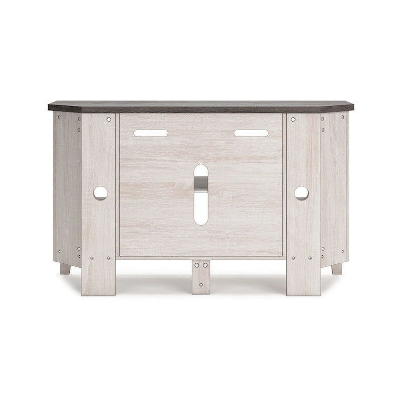 Meuble TV d'angle avec foyer intégré, gris et blanc, étagères ouvertes