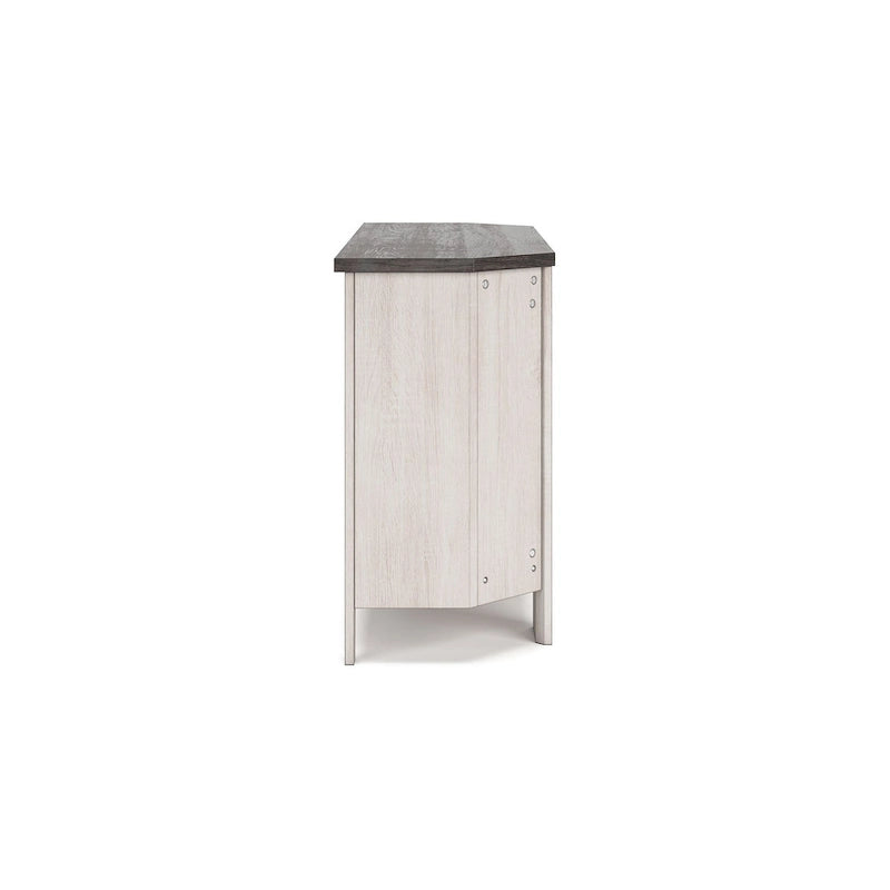 Meuble TV d'angle avec foyer intégré, gris et blanc, étagères ouvertes