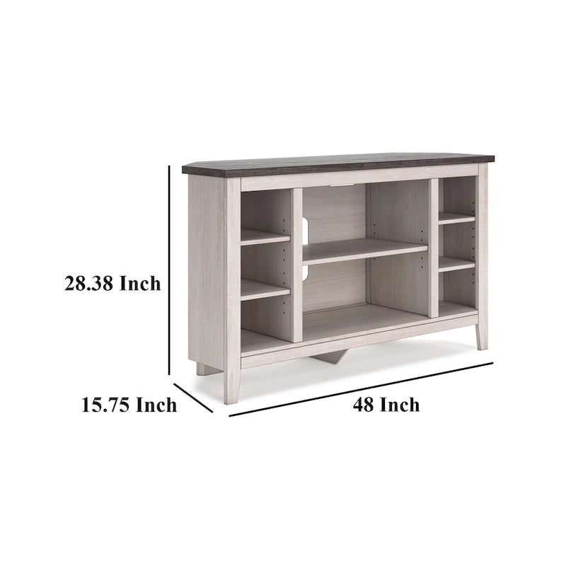 Meuble TV d'angle avec foyer intégré, gris et blanc, étagères ouvertes