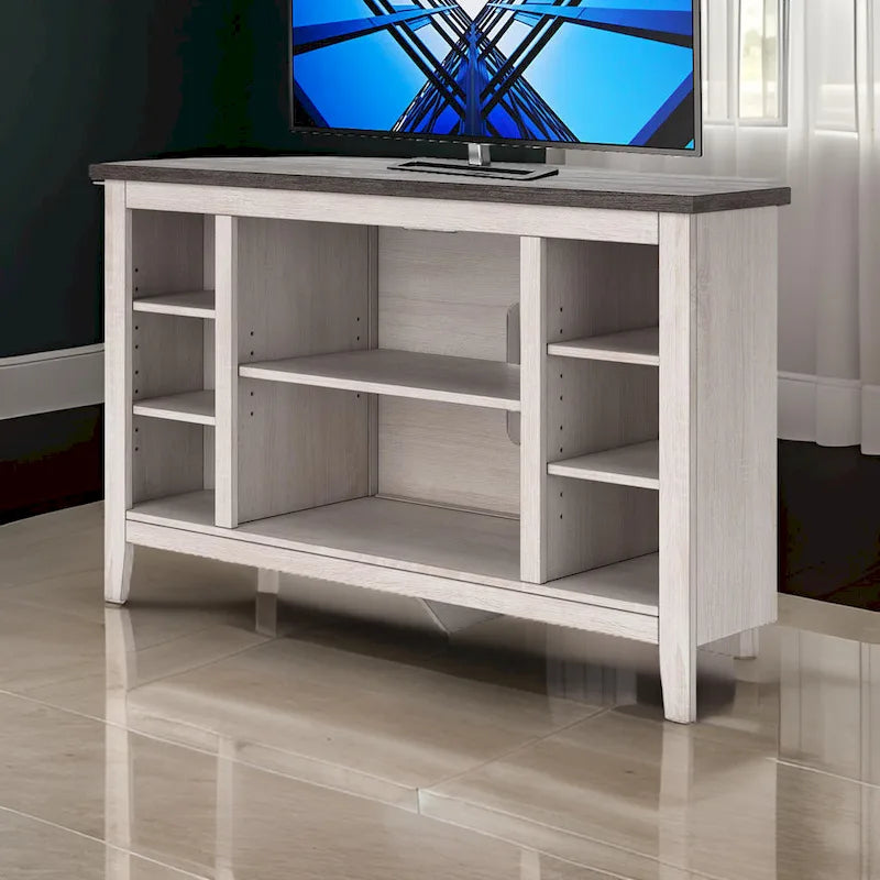 Meuble TV d'angle avec foyer intégré, gris et blanc, étagères ouvertes