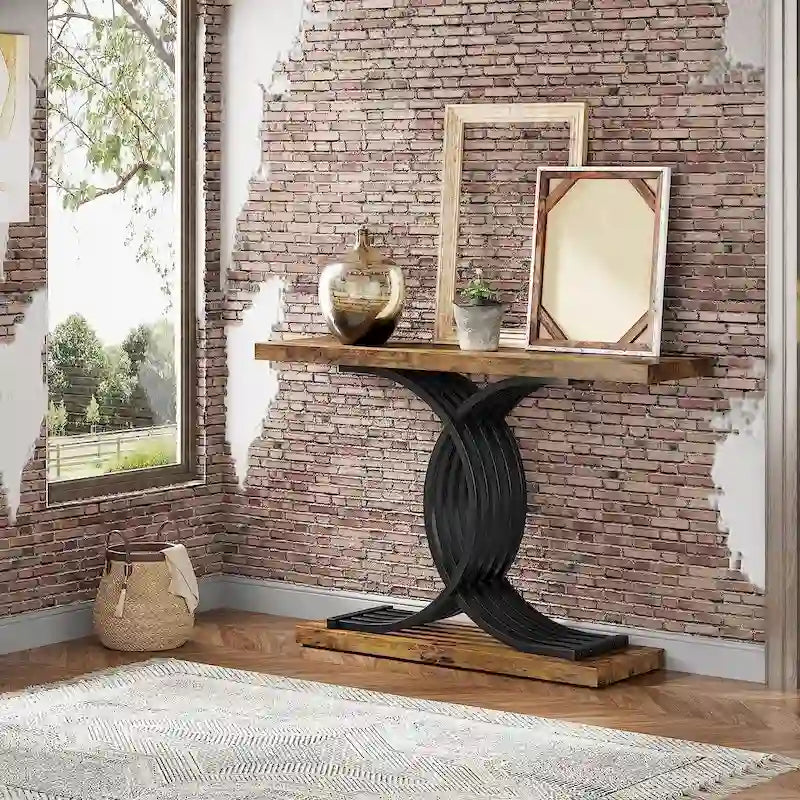Console rustique en bois avec piétement en métal noir en forme de X