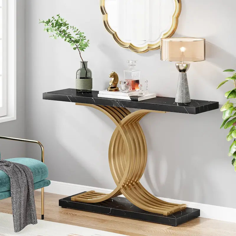 Console rustique en bois avec piétement en métal noir en forme de X