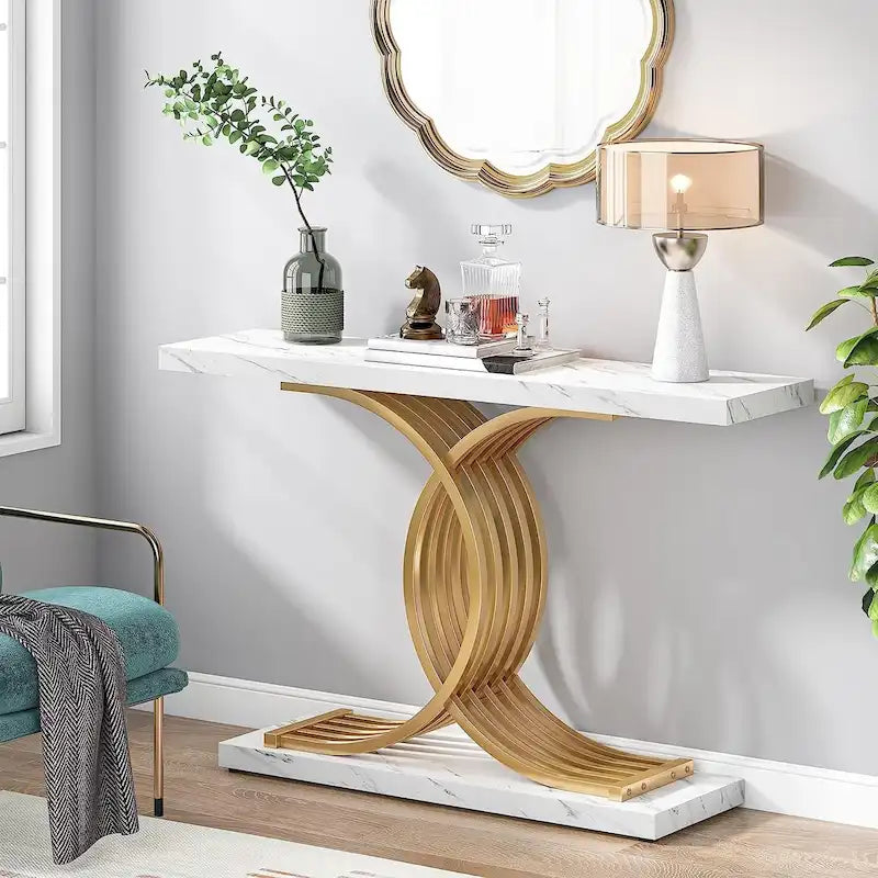 Console rustique en bois avec piétement en métal noir en forme de X