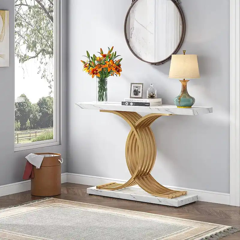 Console rustique en bois avec piétement en métal noir en forme de X
