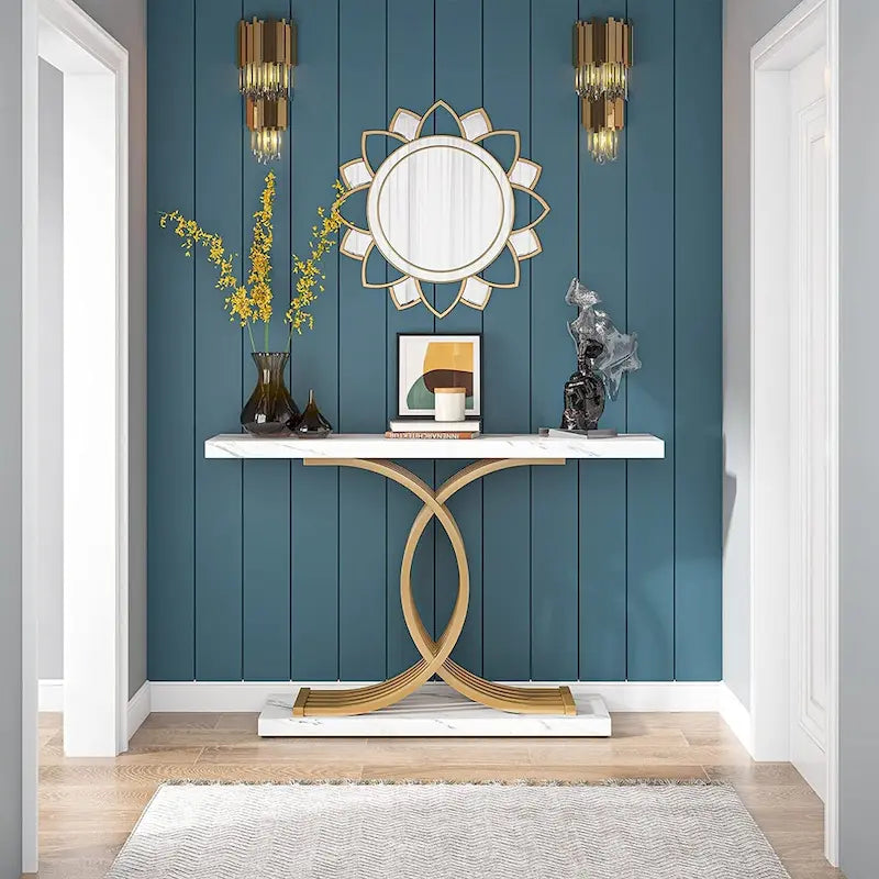 Console rustique en bois avec piétement en métal noir en forme de X