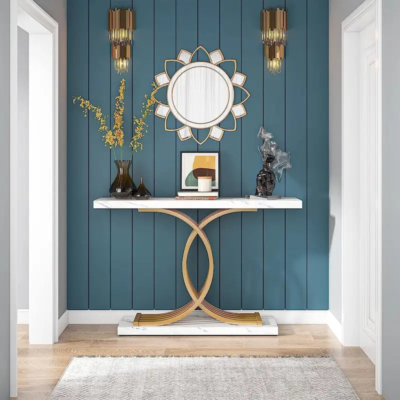 Console rustique en bois avec piétement en métal noir en forme de X