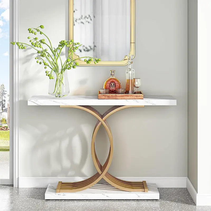 Console rustique en bois avec piétement en métal noir en forme de X