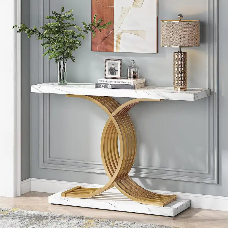 Console rustique en bois avec piétement en métal noir en forme de X