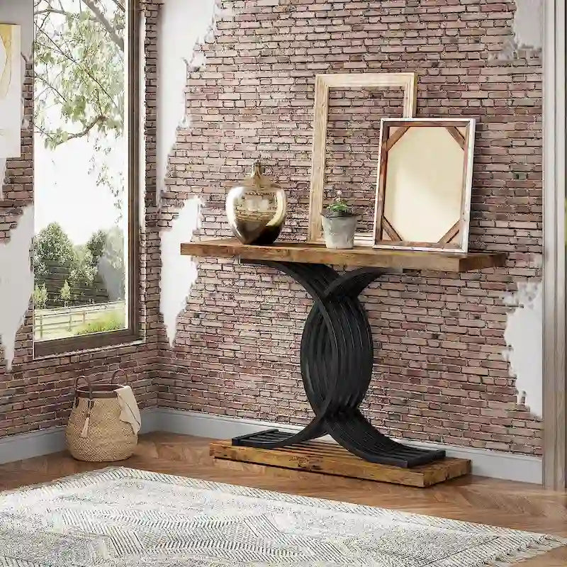 Console rustique en bois avec piétement en métal noir en forme de X
