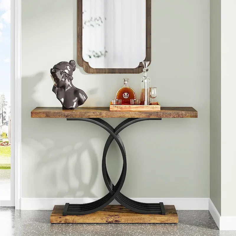 Console rustique en bois avec piétement en métal noir en forme de X