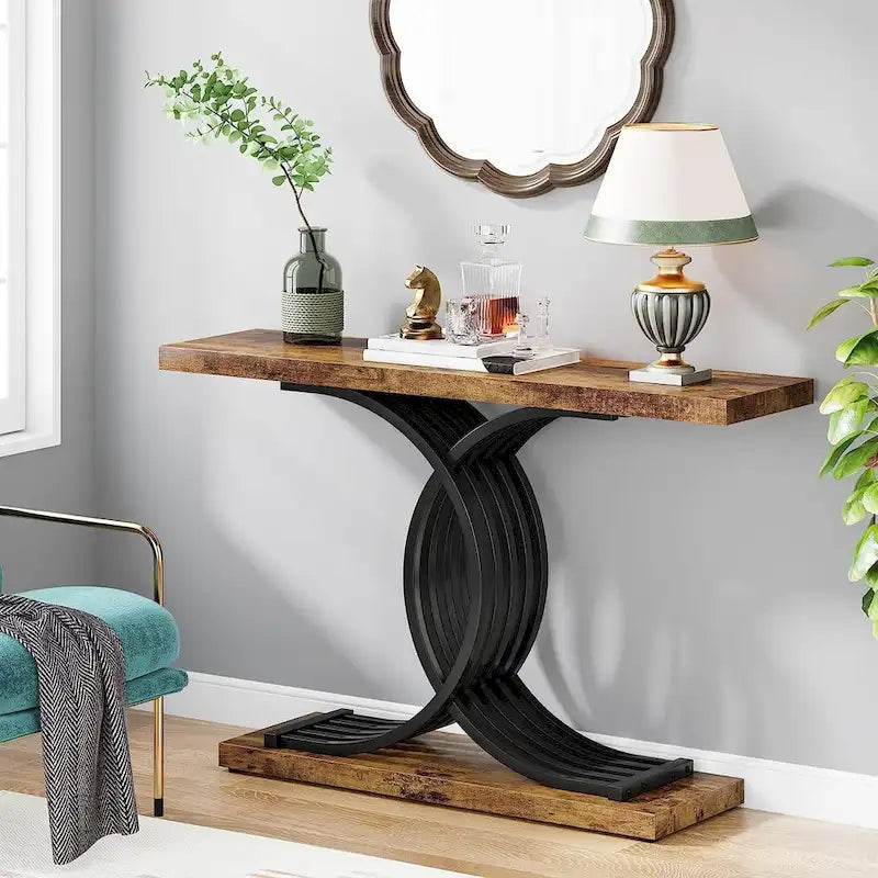 Console rustique en bois avec piétement en métal noir en forme de X