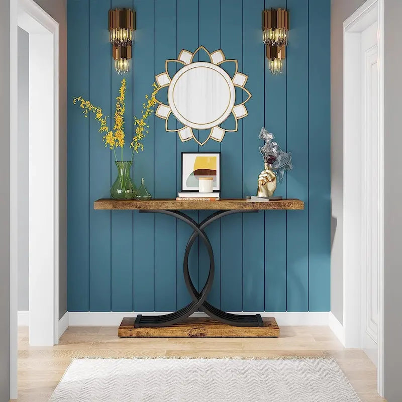 Console rustique en bois avec piétement en métal noir en forme de X