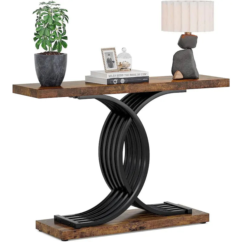 Console rustique en bois avec piétement en métal noir en forme de X