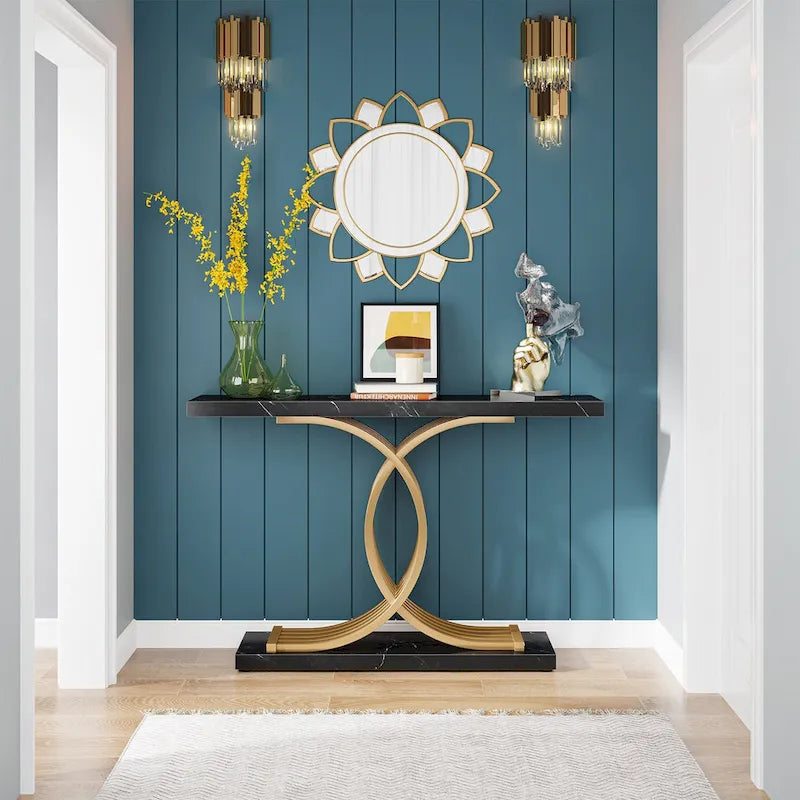Console rustique en bois avec piétement en métal noir en forme de X