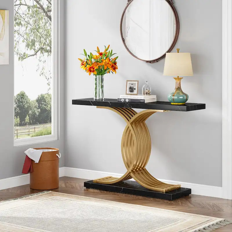 Console rustique en bois avec piétement en métal noir en forme de X