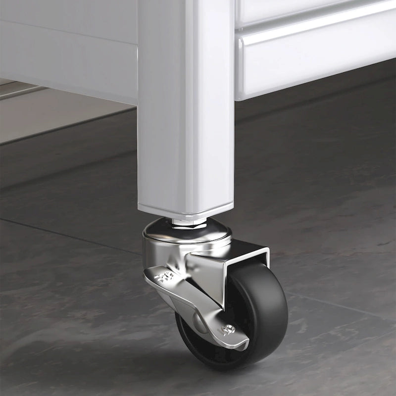 Chariot de cuisine de rangement blanc à roulettes avec portes vitrées