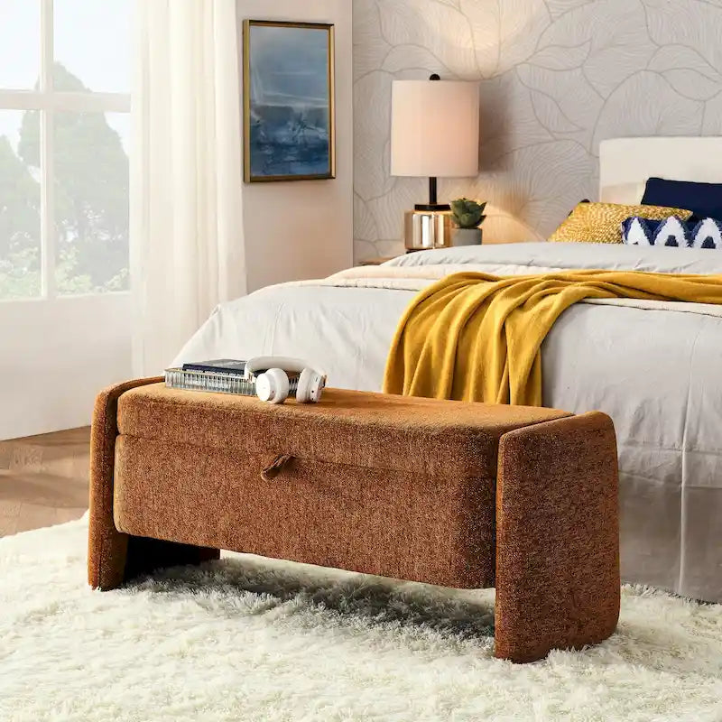Banc de rangement en tissu chenille accoudoirs incurvés assise rembourrée orange gris blanc