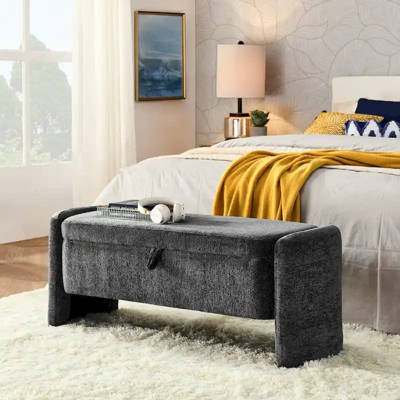 Banc de rangement en tissu chenille accoudoirs incurvés assise rembourrée orange gris blanc