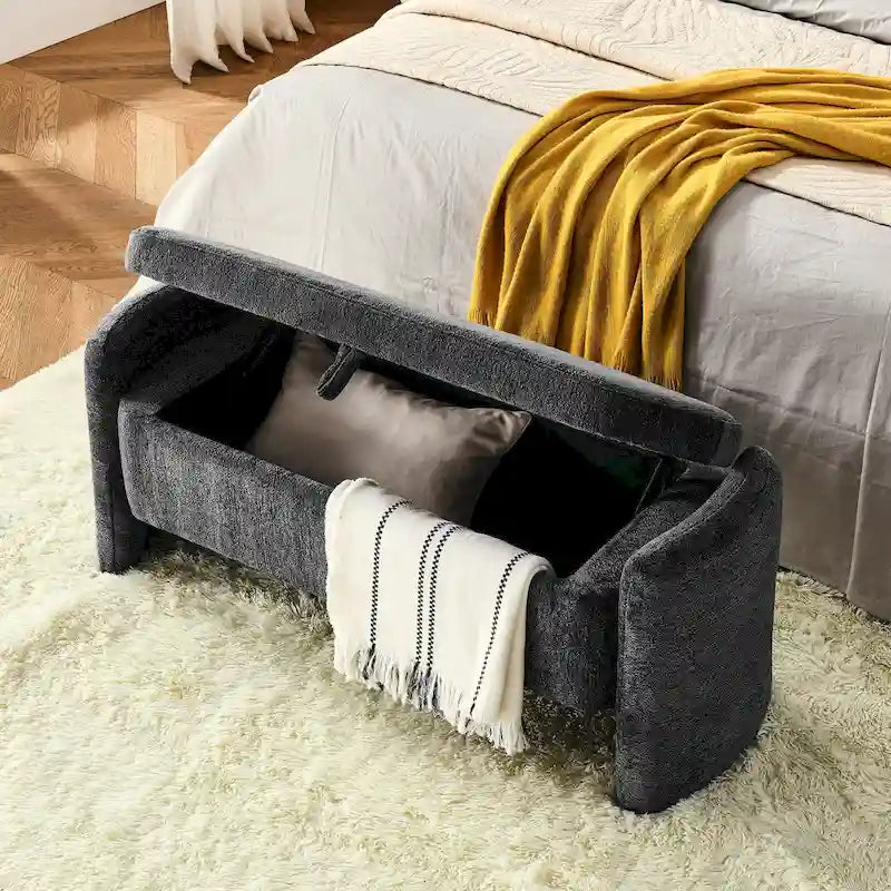 Banc de rangement en tissu chenille accoudoirs incurvés assise rembourrée orange gris blanc