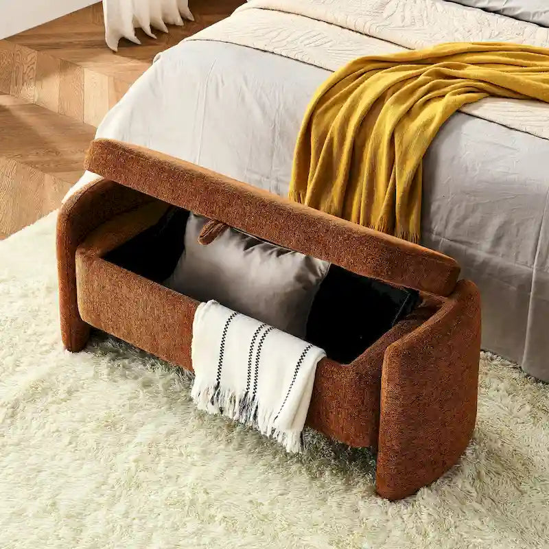 Banc de rangement en tissu chenille accoudoirs incurvés assise rembourrée orange gris blanc