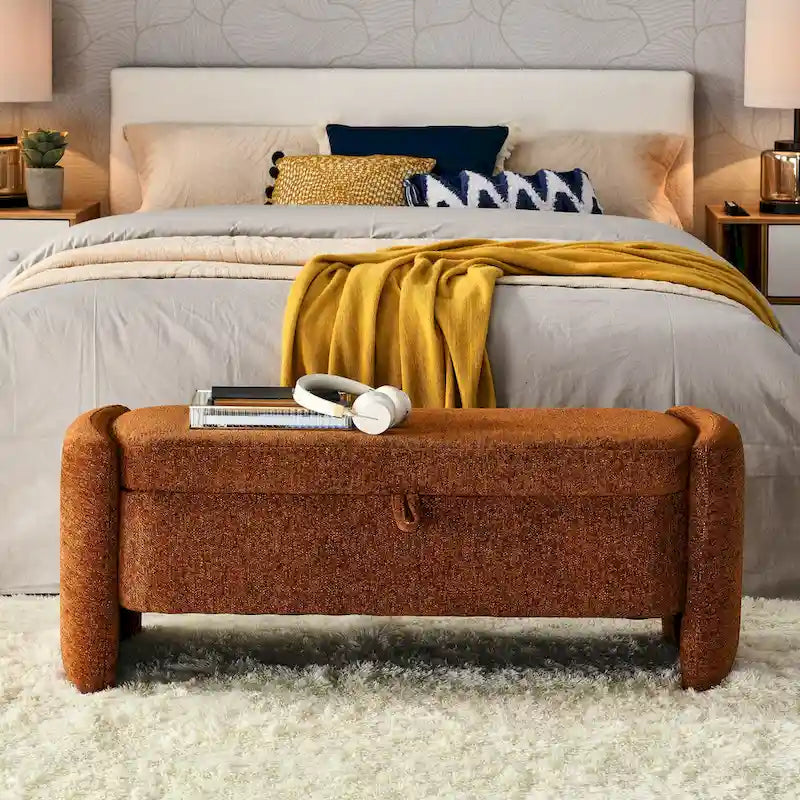 Banc de rangement en tissu chenille accoudoirs incurvés assise rembourrée orange gris blanc