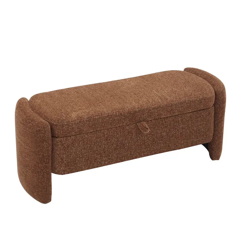 Banc de rangement en tissu chenille accoudoirs incurvés assise rembourrée orange gris blanc