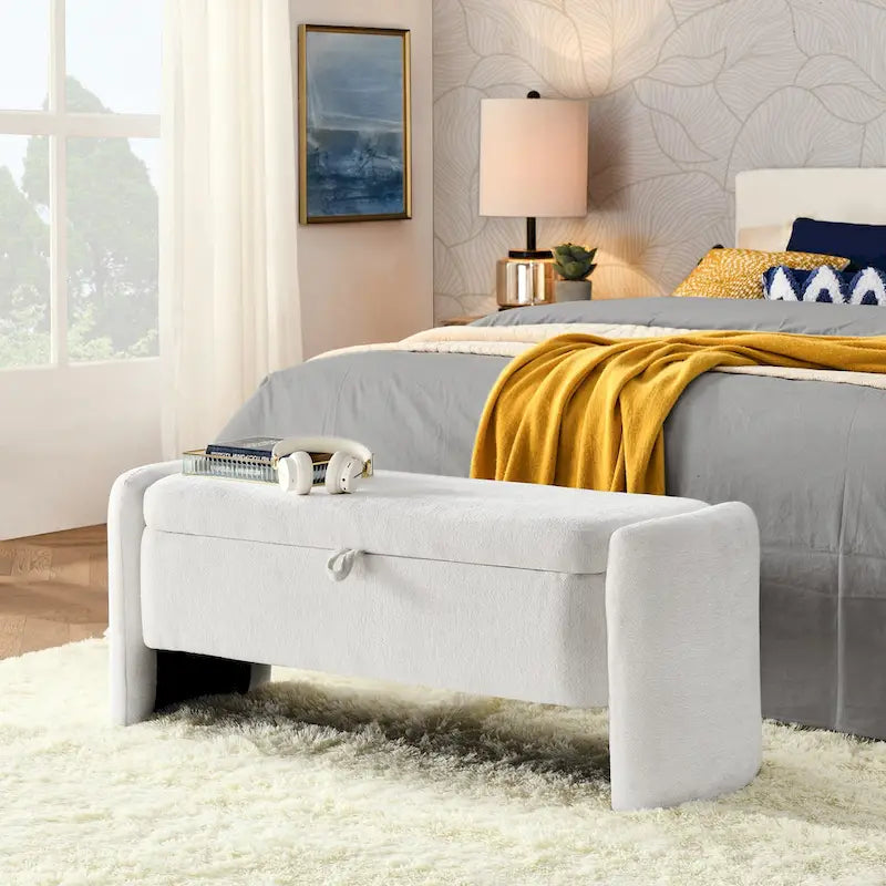 Banc de rangement en tissu chenille accoudoirs incurvés assise rembourrée orange gris blanc