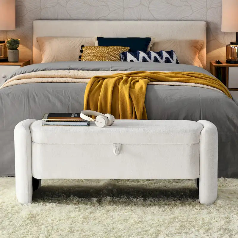 Banc de rangement en tissu chenille accoudoirs incurvés assise rembourrée orange gris blanc