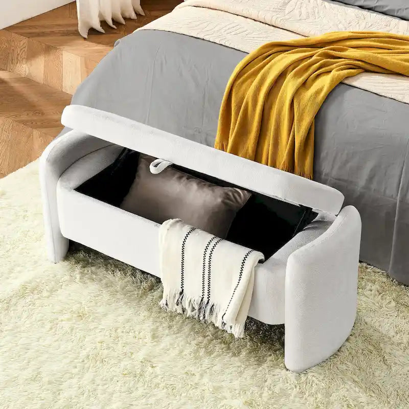 Banc de rangement en tissu chenille accoudoirs incurvés assise rembourrée orange gris blanc