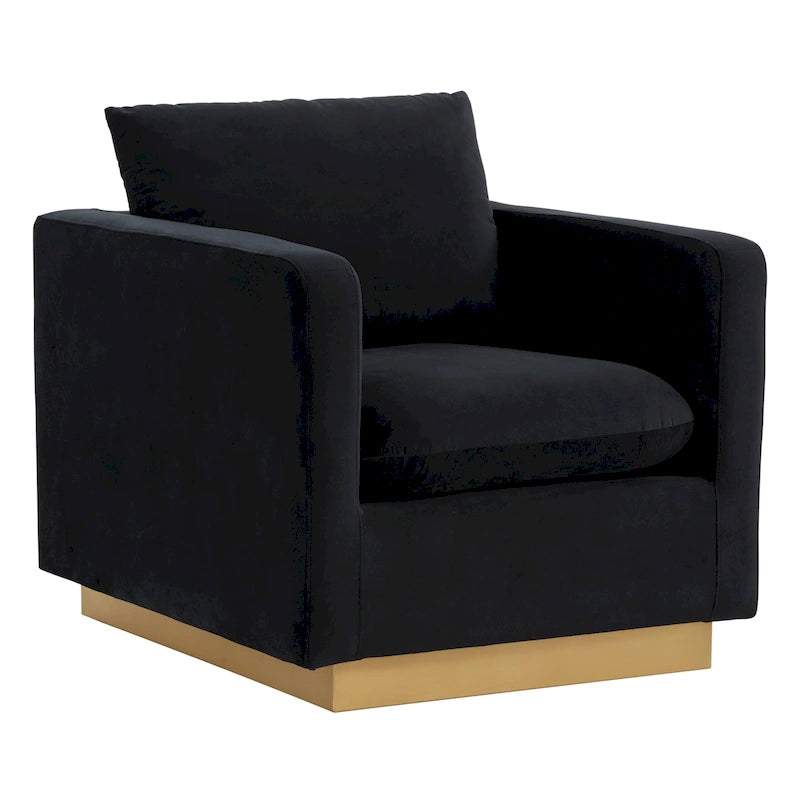 Fauteuil d'appoint en velours avec piètement plinthe en acier inoxydable doré, multicolore